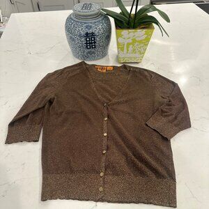 Tory Burch - Chocolate Brown and Gold Shimmer Cardigan - Size Large